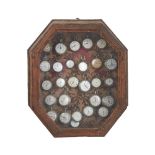 OROLOGI ENTRO TECA Teca in legno contenente 27 orologi da tasca in acciaio ed argento ed una