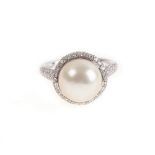 ANELLO in oro bianco 18 KT con perla australiana ct. 12,00 e diamanti taglio brillante ct. 1,33, F