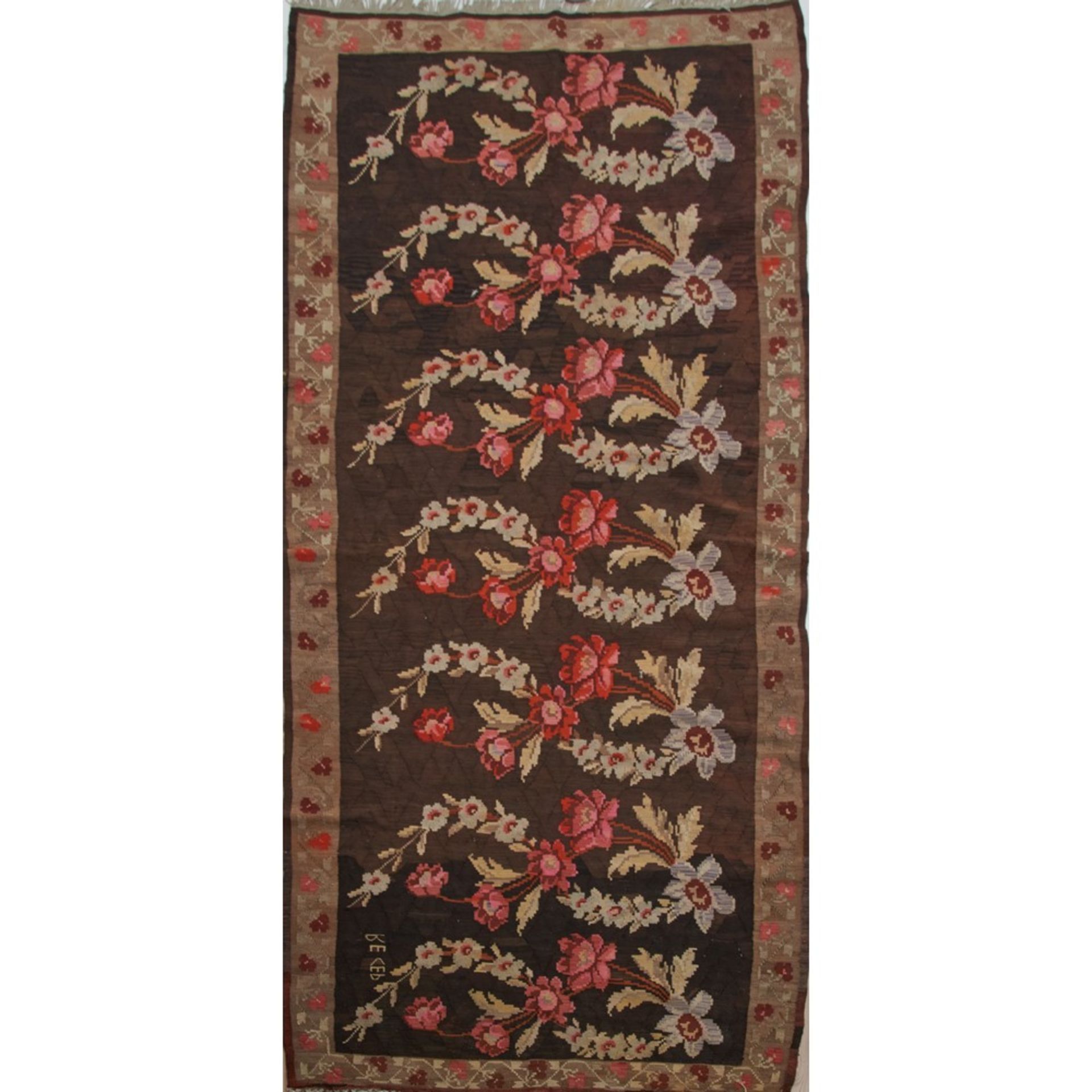 TAPPETO KILIM QARABAG trama in lana ed ordito in cotone. Moldavia XX secolo - cm 364 x 163