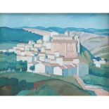 ANONIMO DEL XX SECOLO Olio su masonite "Paesaggio montano con paesino". - cm 36 x 56,5