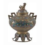 BRUCIAPROFUMO in bronzo e smalti. Cina XIX secolo - Alt. cm 39