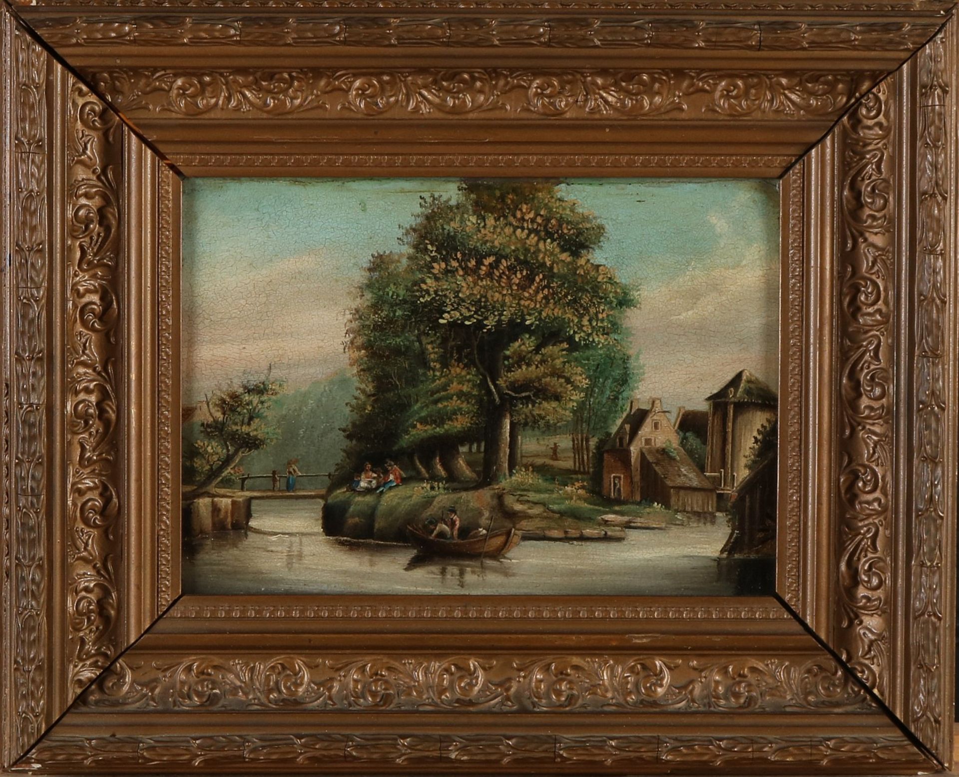 Nicht unterschrieben. 19. Jahrhundert. Landschaft mit Figuren. Auf Blech gemalt. Ölfarbe auf H