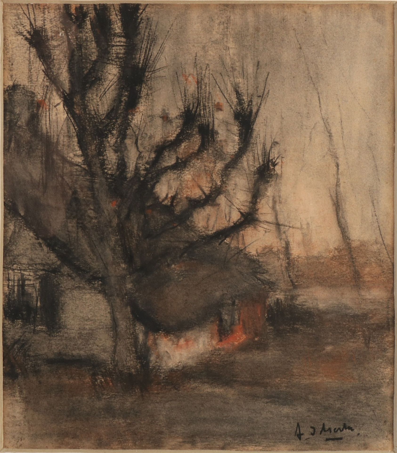A. Idserda. 1879 - 1952. Bauernhof mit Pollard Weide. Pastell auf Papier. Abmessungen: H 32 x 28