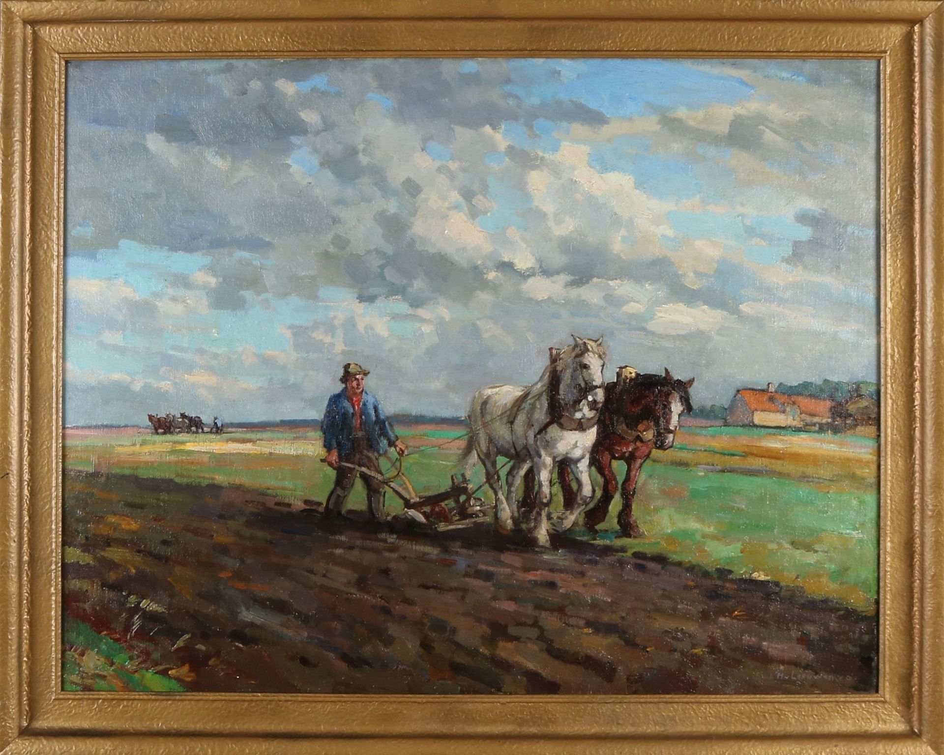 H. van Leeuwen von Oudewater. 1890 - 1972. Landschaft mit Pflugbauern. Öl auf Leinen. Abmessung
