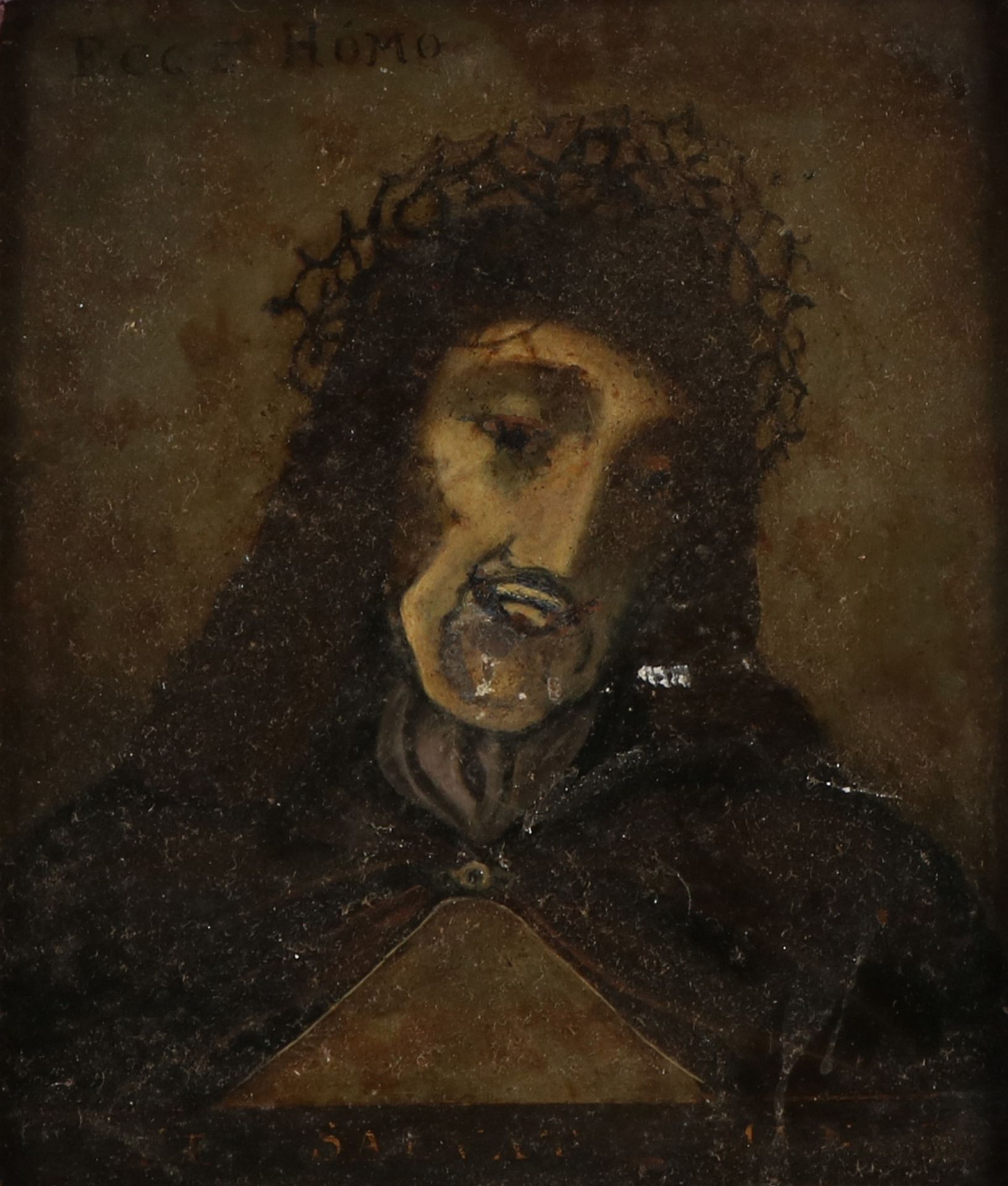 Frühes Jesusporträt auf Kupfer mit lateinischem Text. Gemalt. 16. Jahrhundert? Ölfarbe auf Ho - Image 2 of 2