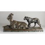 L. Riche. Signierte große Bronzefigur auf schwarzem Marmorsockel. Buck mit Hund. 1877 - 1949. M