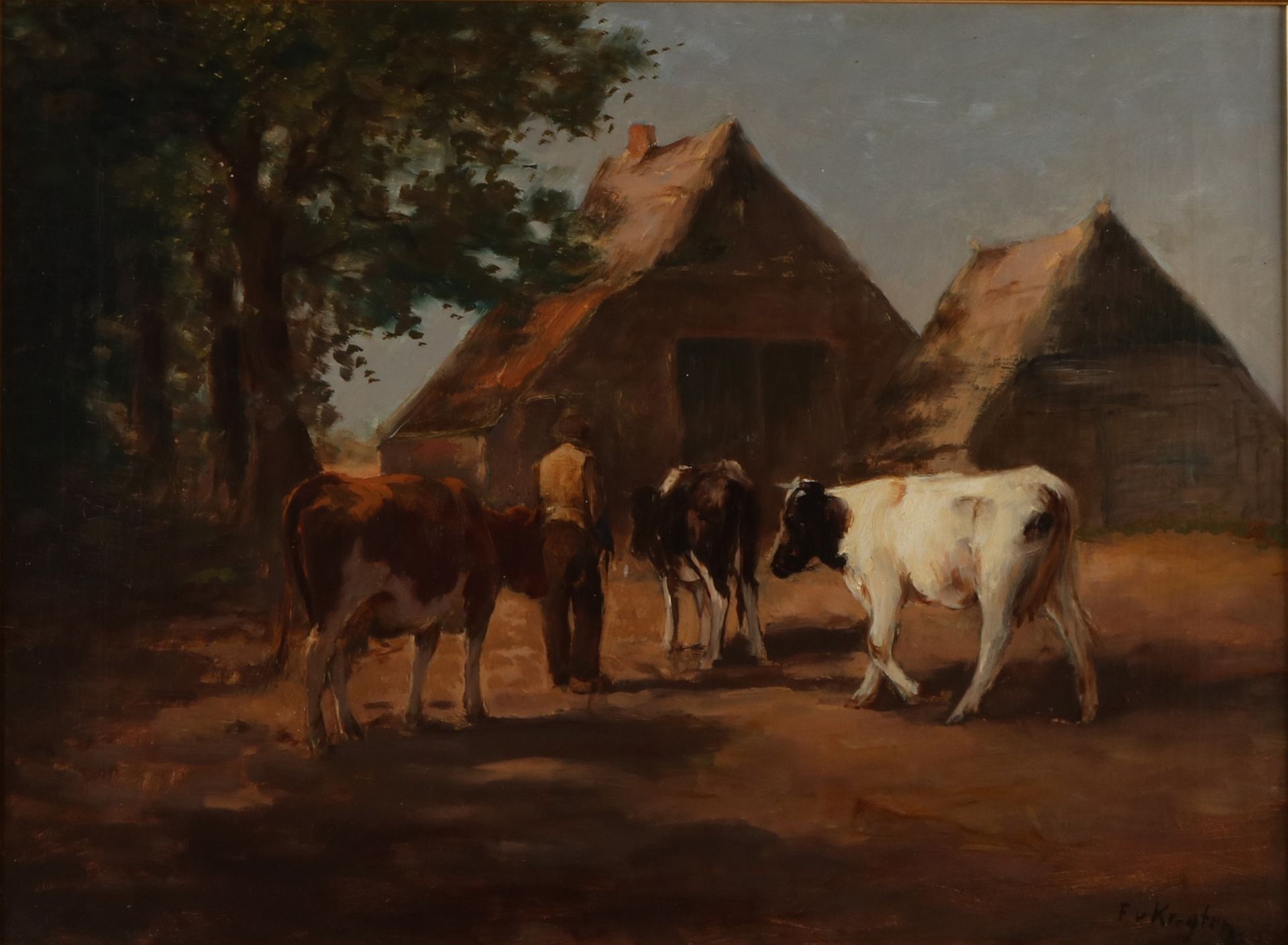 Fedor van Kregten. 1871 - 1937. Bauernschuppen mit Bauern und Kühen. Öl auf Leinen. Abmessunge - Image 2 of 2