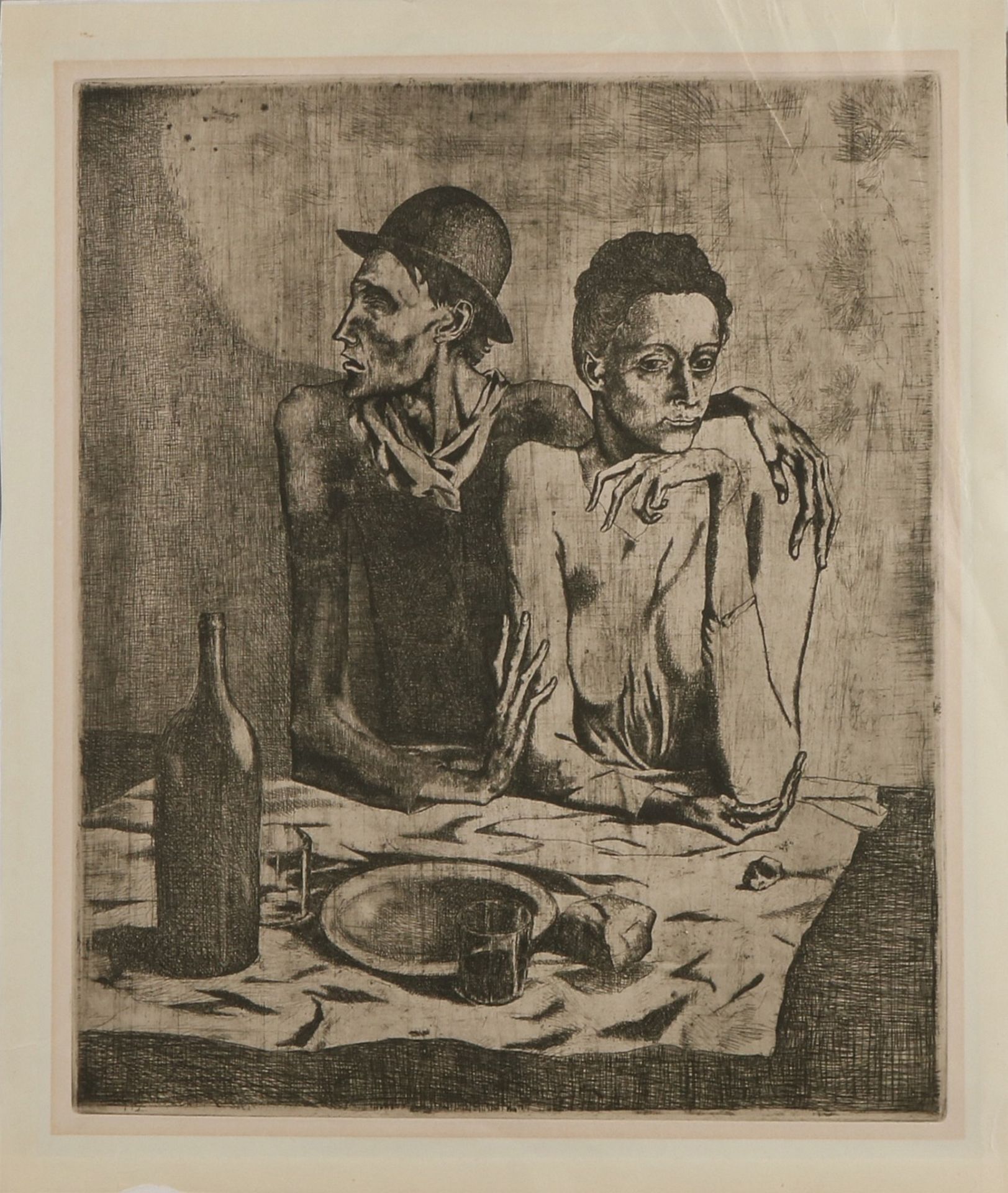 Nicht unterschrieben. Alte Radierung im Stil von Picasso. Mit Rahmen. Mann und Frau am Tisch. R