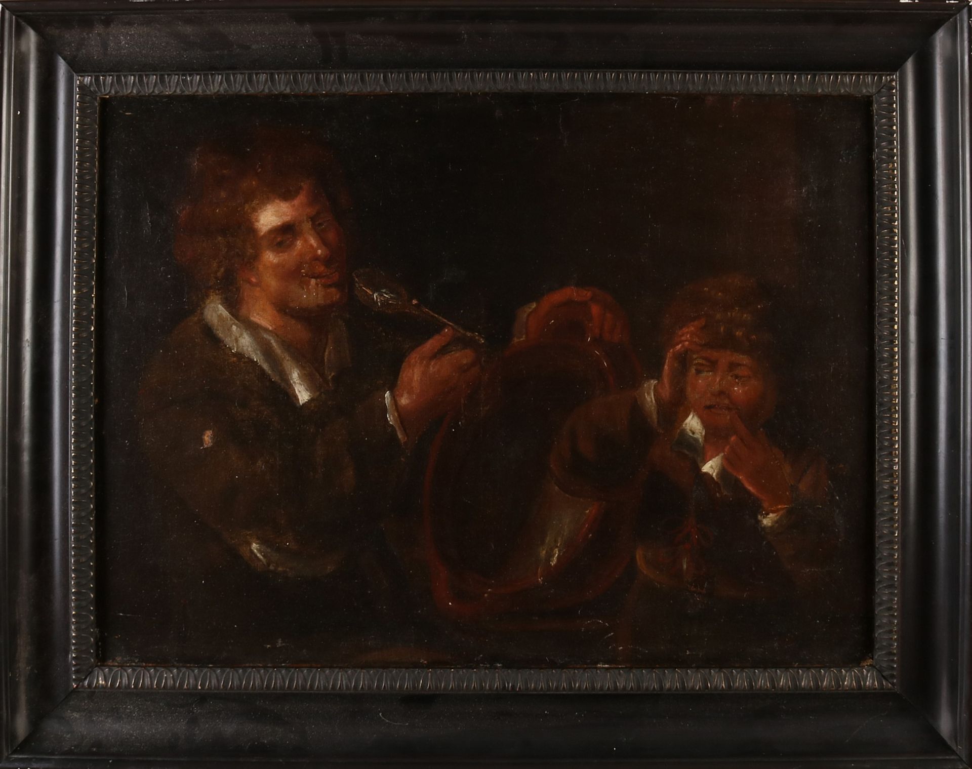 Nicht signiertes Gemälde aus dem 18. Jahrhundert Zwei Figuren kratzen Steinzeug Terrine leer, 56x7