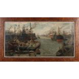 Evert Moll, 1878-1955. Rotterdamer Hafenblick mit vielen Booten und Figuren. Öl auf Leinen. Abm