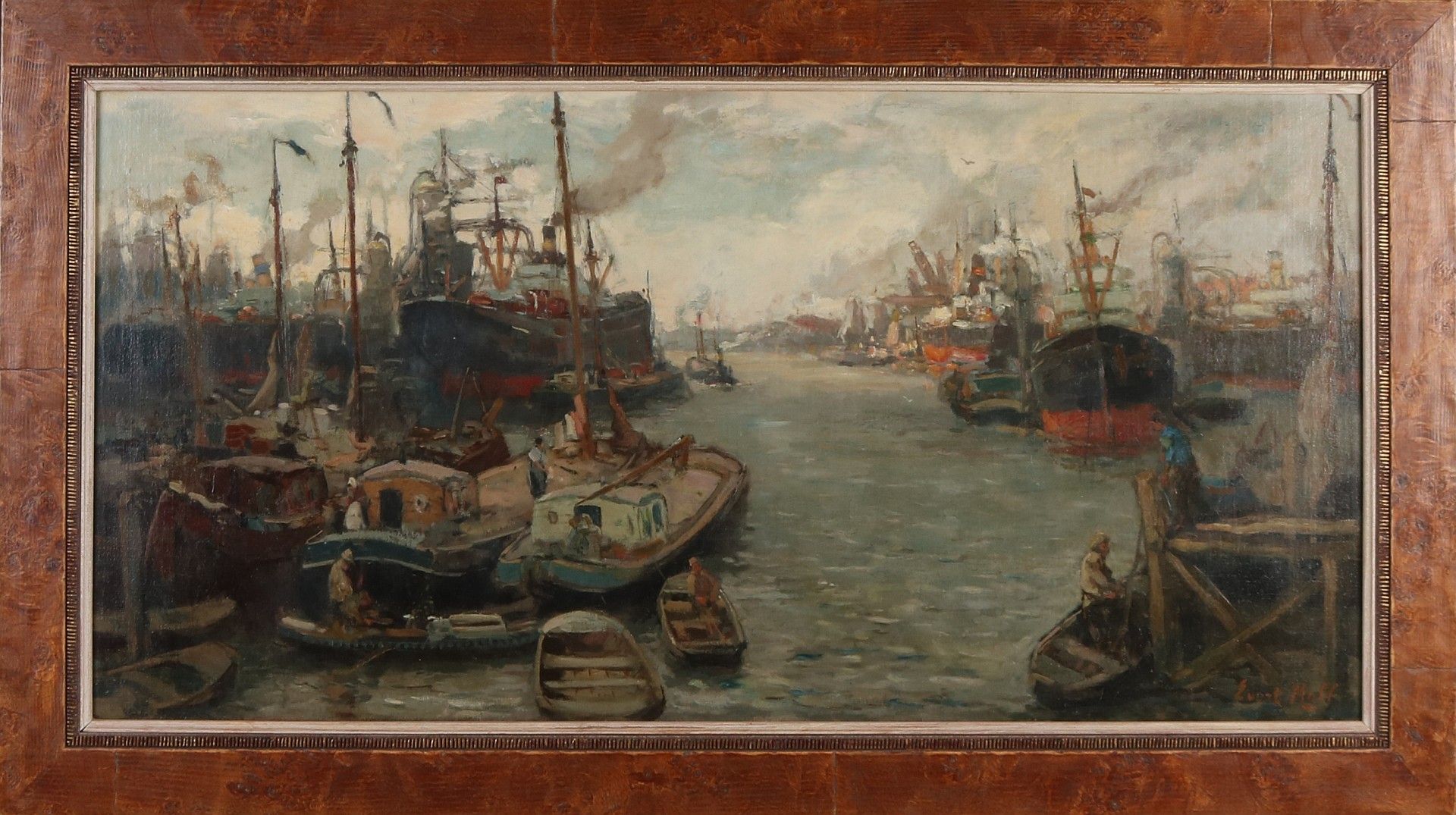 Evert Moll, 1878-1955. Rotterdamer Hafenblick mit vielen Booten und Figuren. Öl auf Leinen. Abm