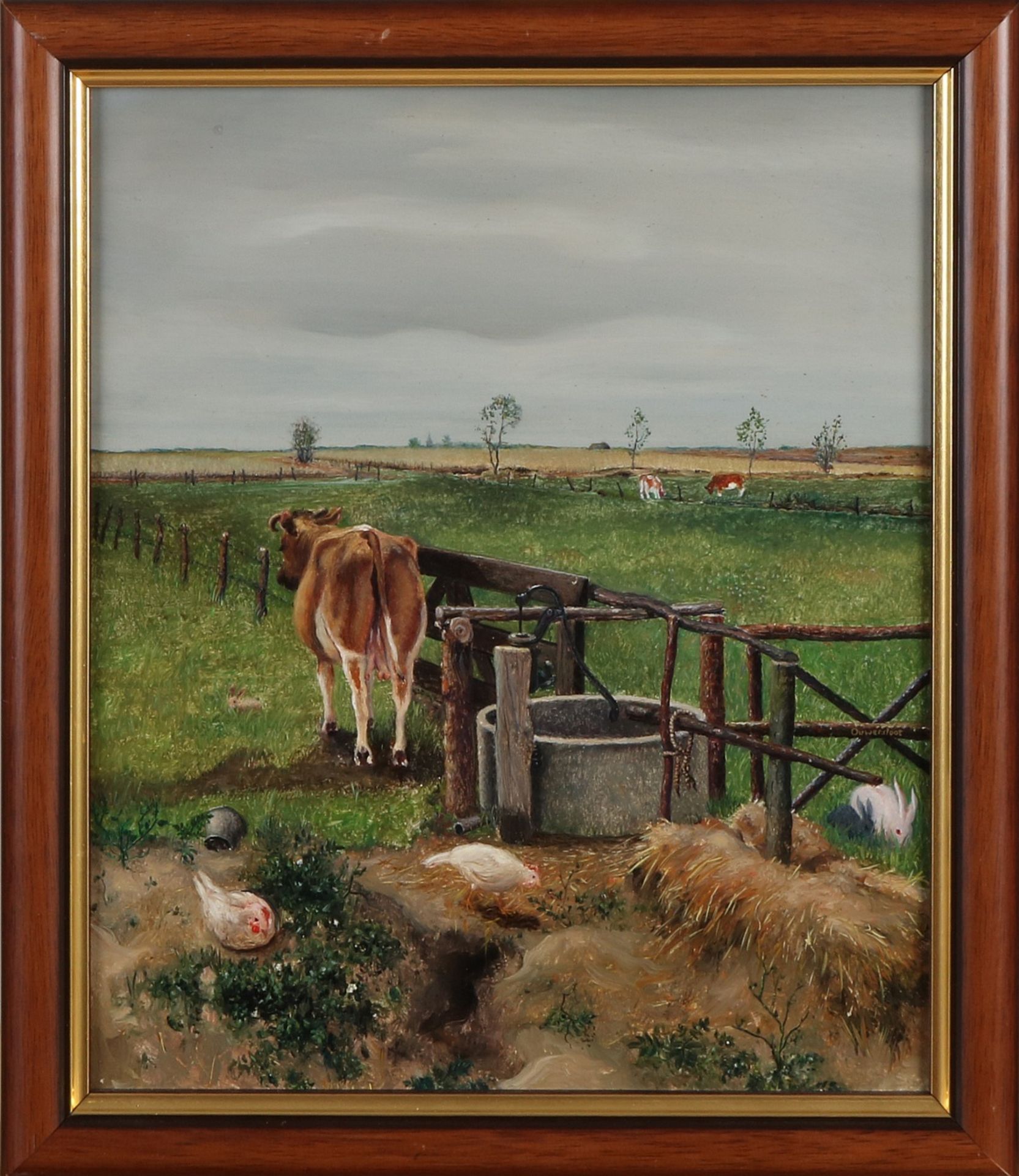 Jan Ouwersloot. 1912 - 1975. Landschaft mit Brunnen und Vieh. Titel auf der Rückseite hinter dem