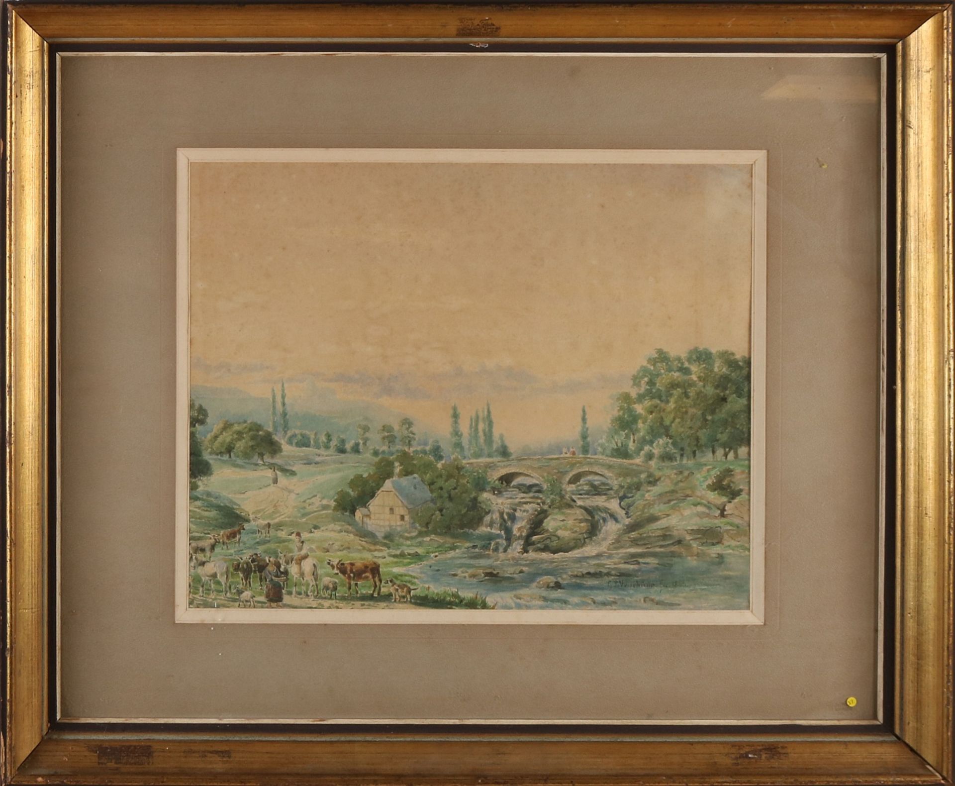 JP Verschuur, 1866. 1830 - 1891. Deutsche Landschaft mit Fluss, Vieh und Hirten. Aquarell auf Papi