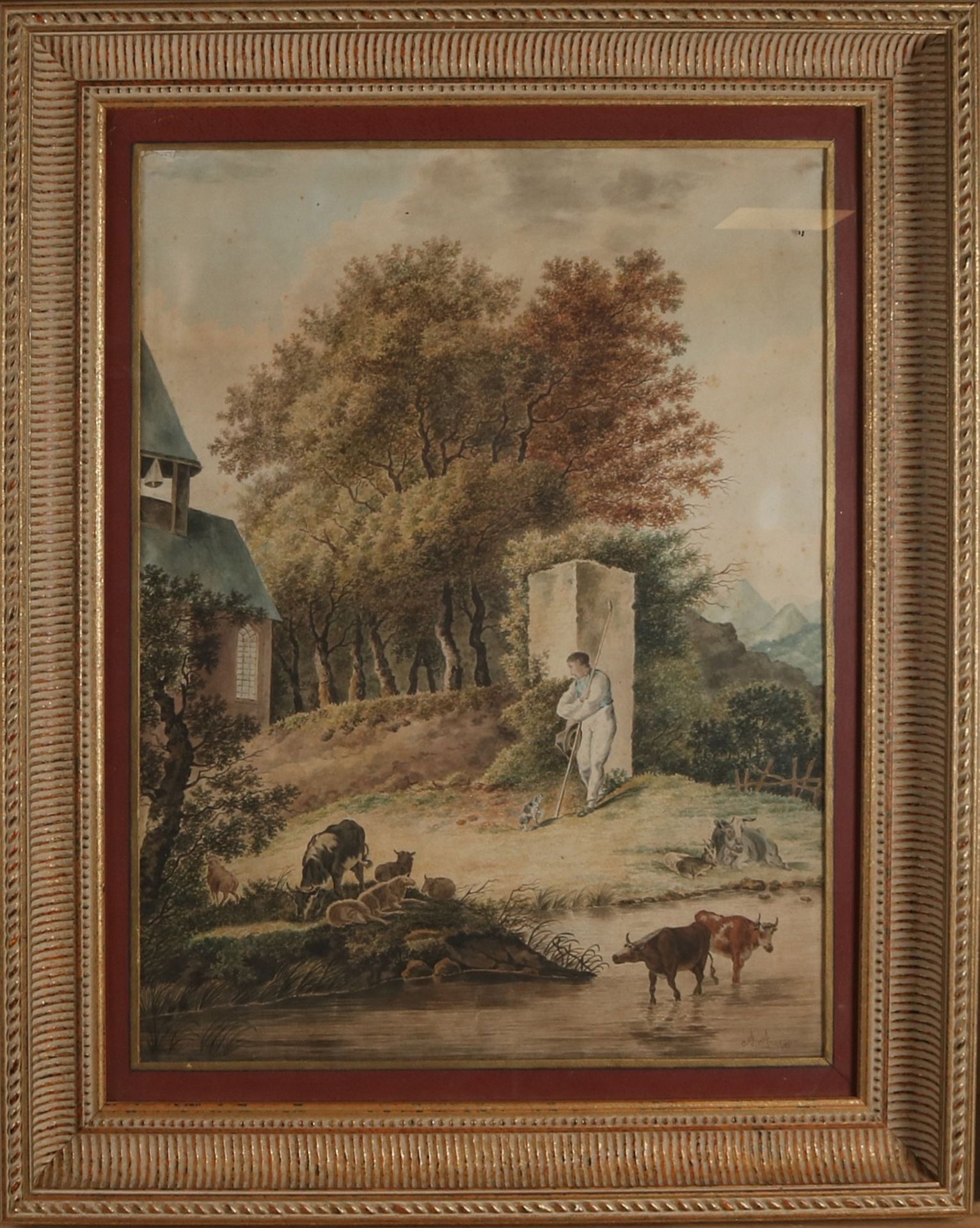 A. Arnegge. 19. Jahrhundert. Deutsch Schule. Deutsche Landschaft mit einem Hirten und seinem Vie