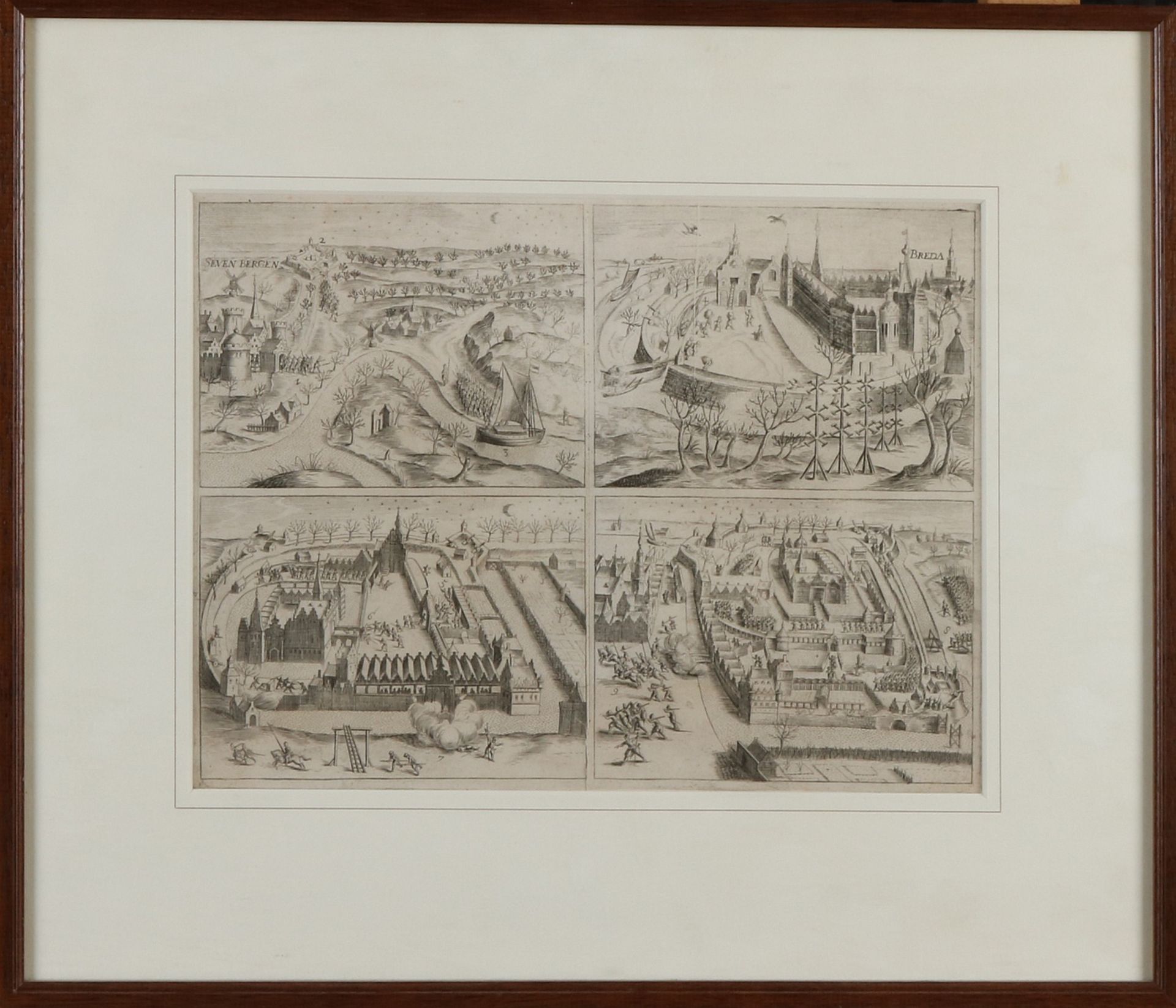 Stich aus dem 17. Jahrhundert. Belagerung von Breda Sevenbergen. Gravur auf Papier. Abmessungen: