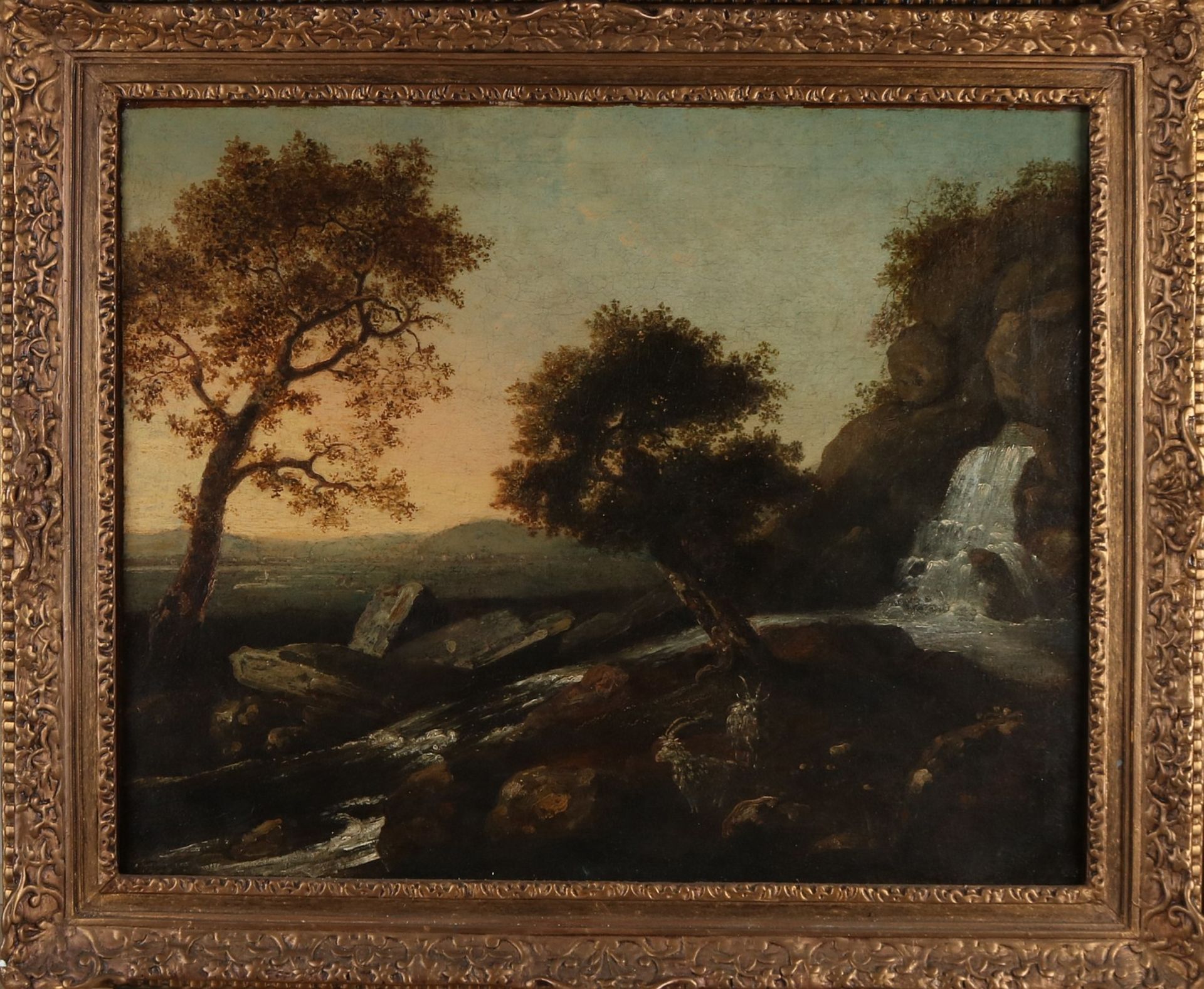 Nicht unterschrieben. Um 1700. Italienische Schule. Landschaft mit Wasserfall und Steinbock, Pano