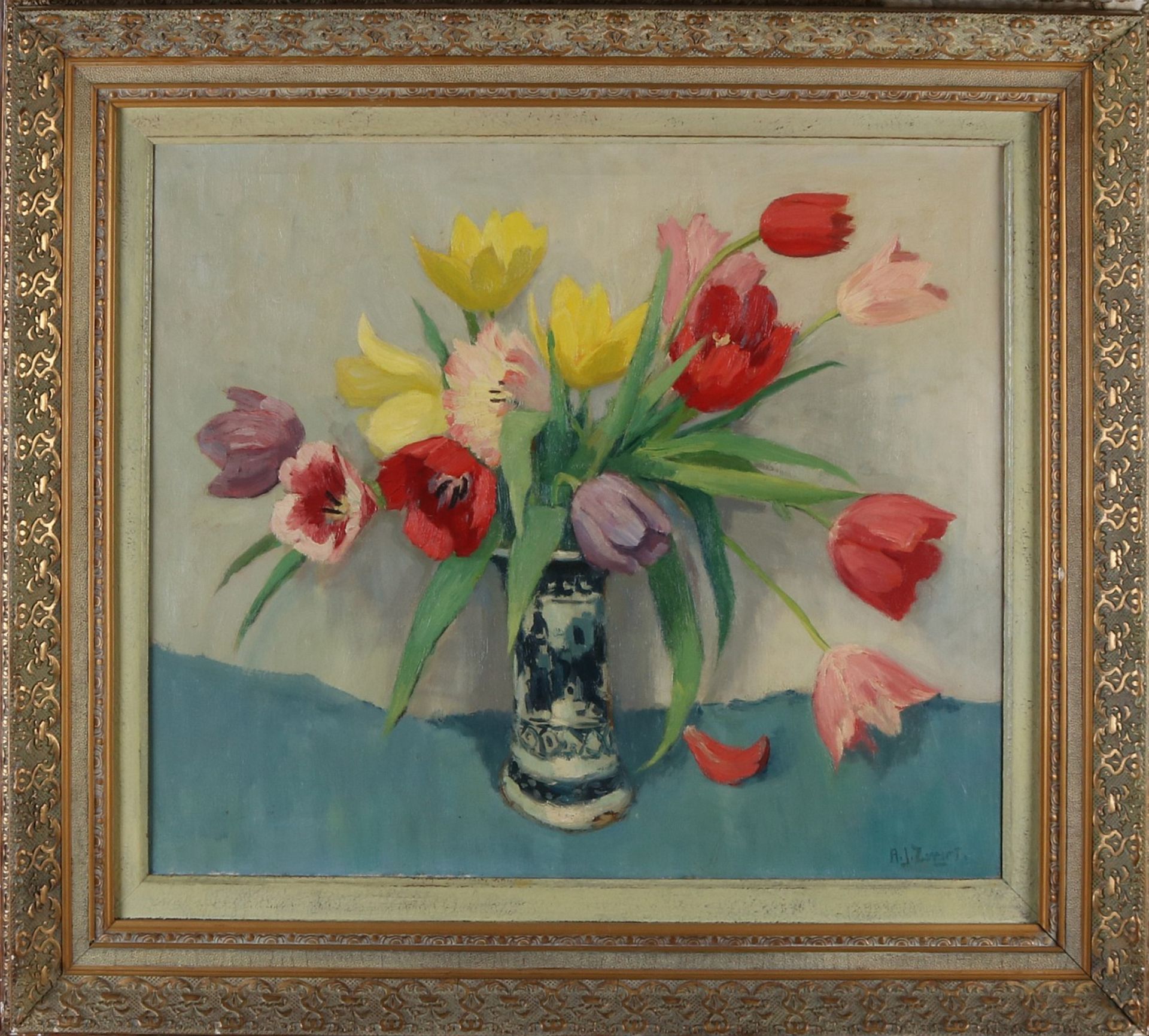 Adrianus Johannes Black. 1903 - 1981. Delfter Vase mit Tulpen. Öl auf Leinen. Abmessungen: H 60