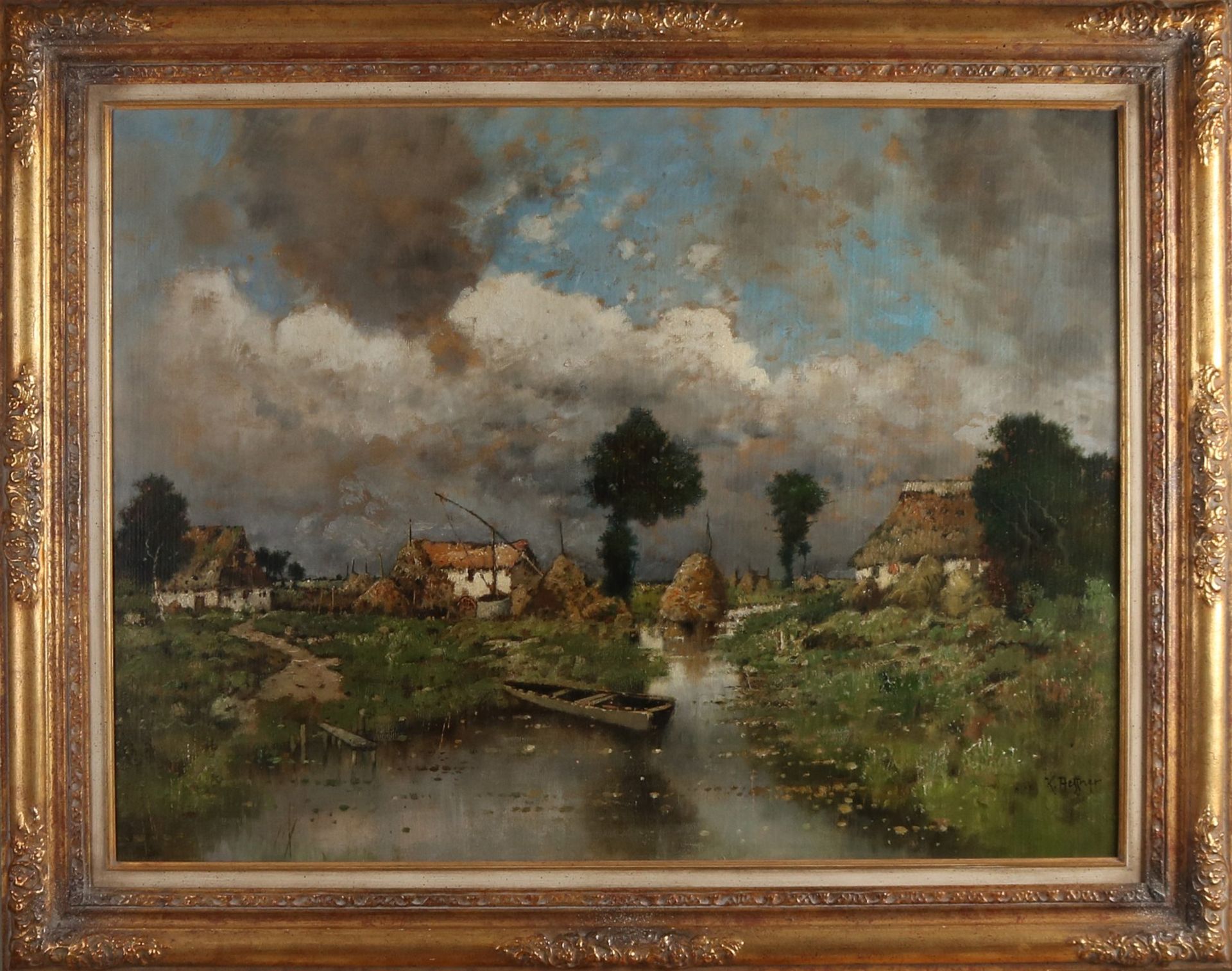 Karl Heffner. 1849 - 1925. Landschaft mit Bauernhof und Graben. Öl auf Leinen. Abmessungen: H 7