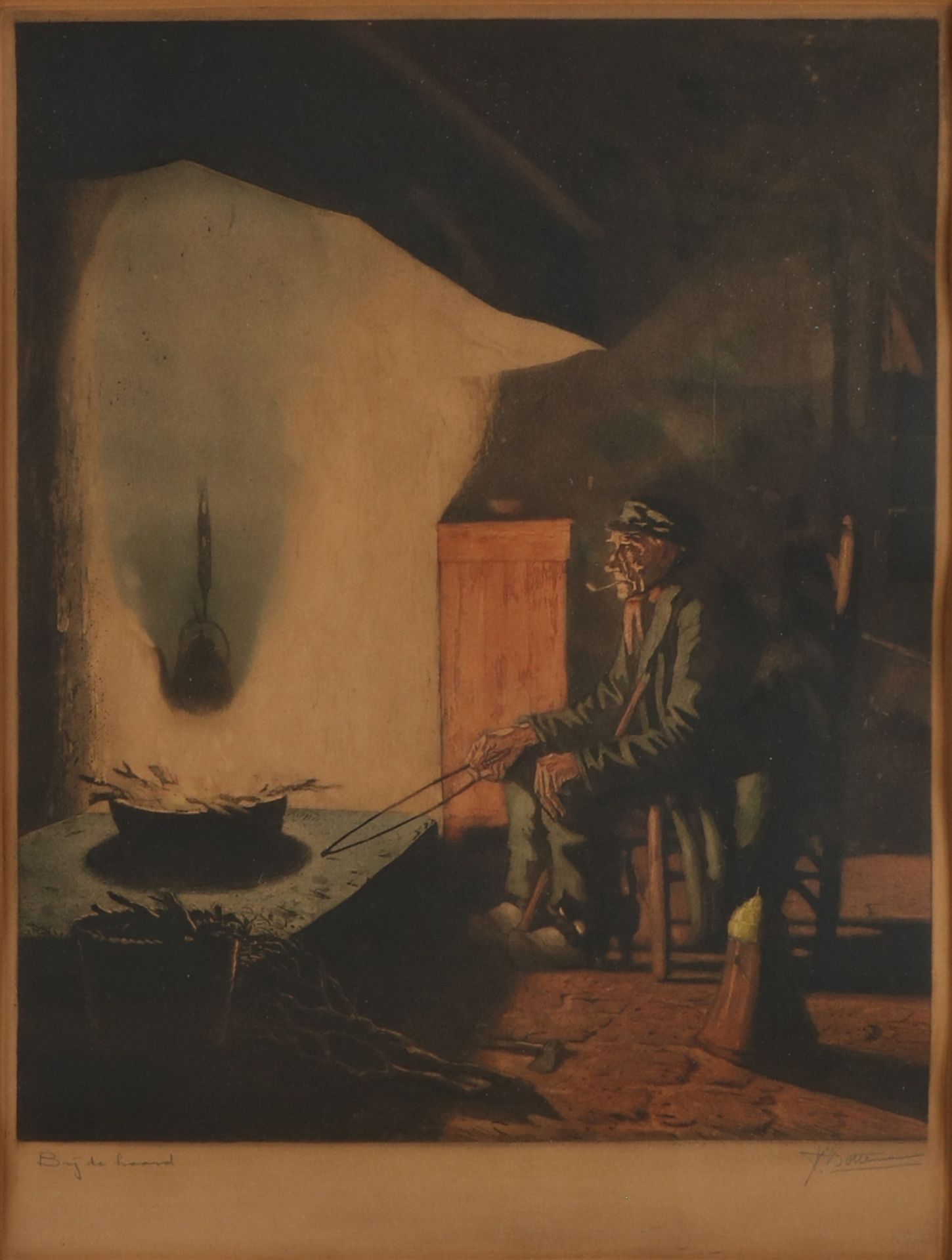 Tjeerd Bottema. 1884 - 1940. Bauer am Haarfeuer. Farbige Radierung auf Papier. Abmessungen: H 40