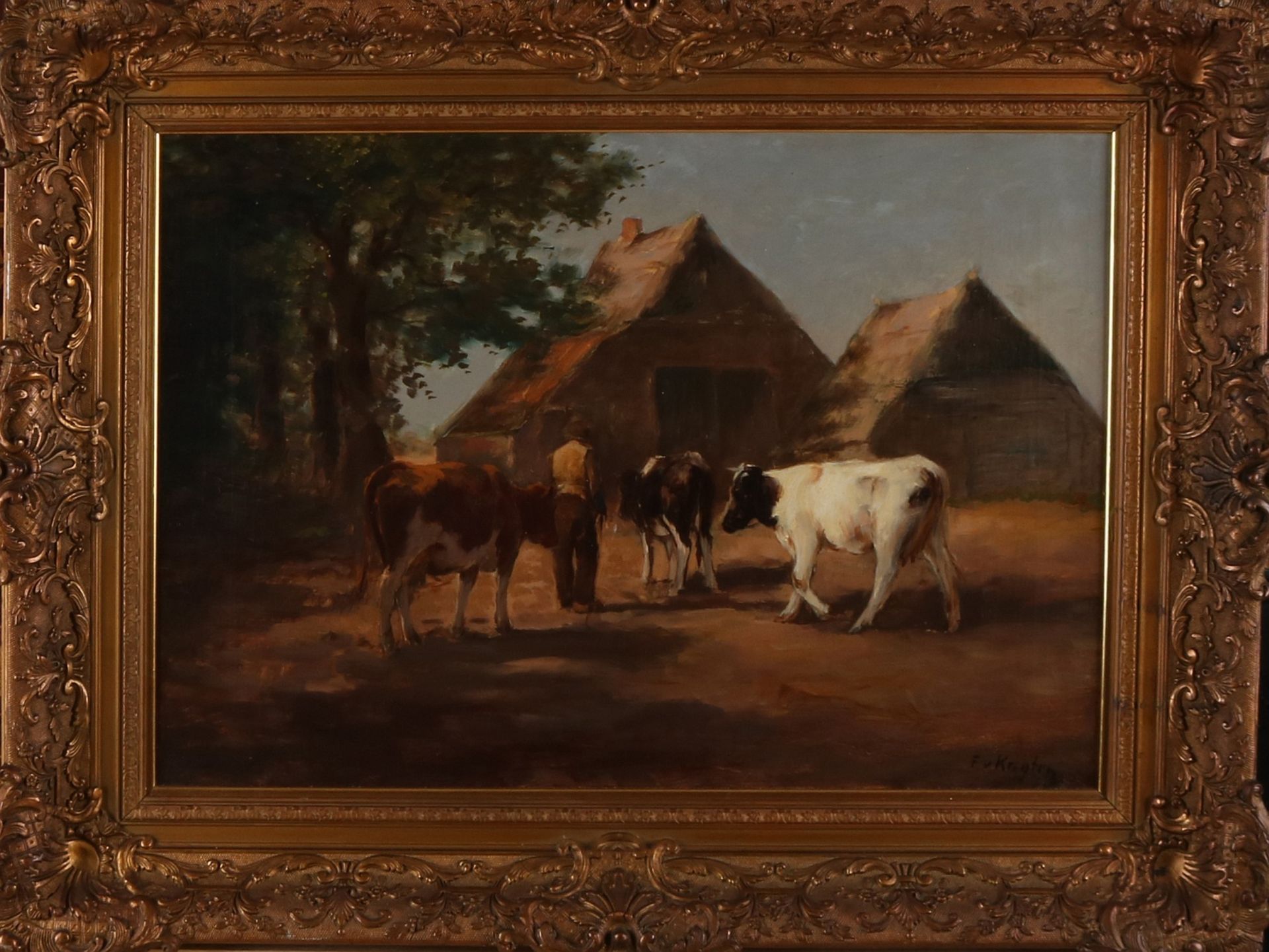Fedor van Kregten. 1871 - 1937. Bauernschuppen mit Bauern und Kühen. Öl auf Leinen. Abmessunge