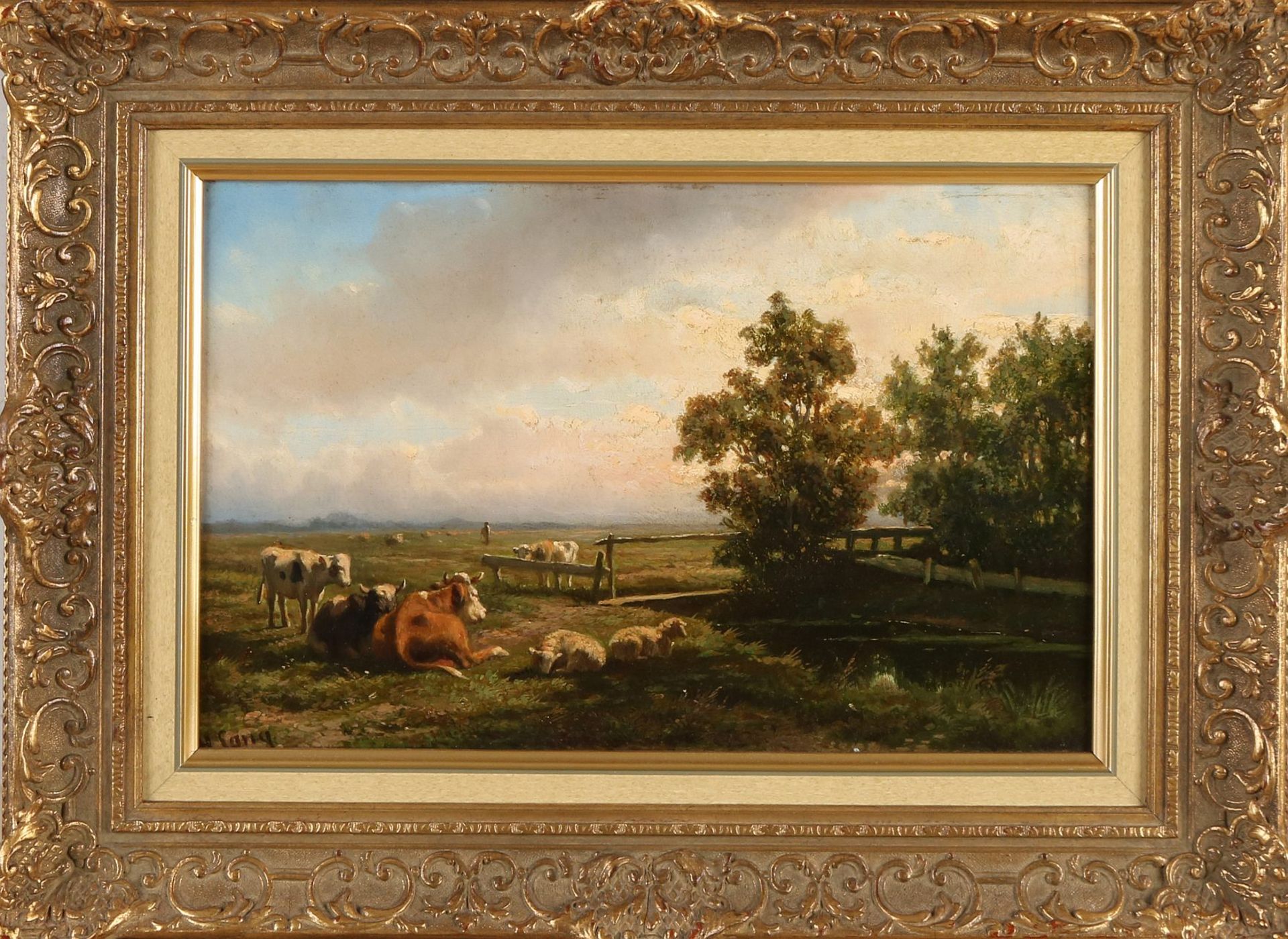 Hendrik Savrij. 1823 - 1907. Niederländische Landschaft mit Vieh und Bauer. Ölfarbe auf Holz.