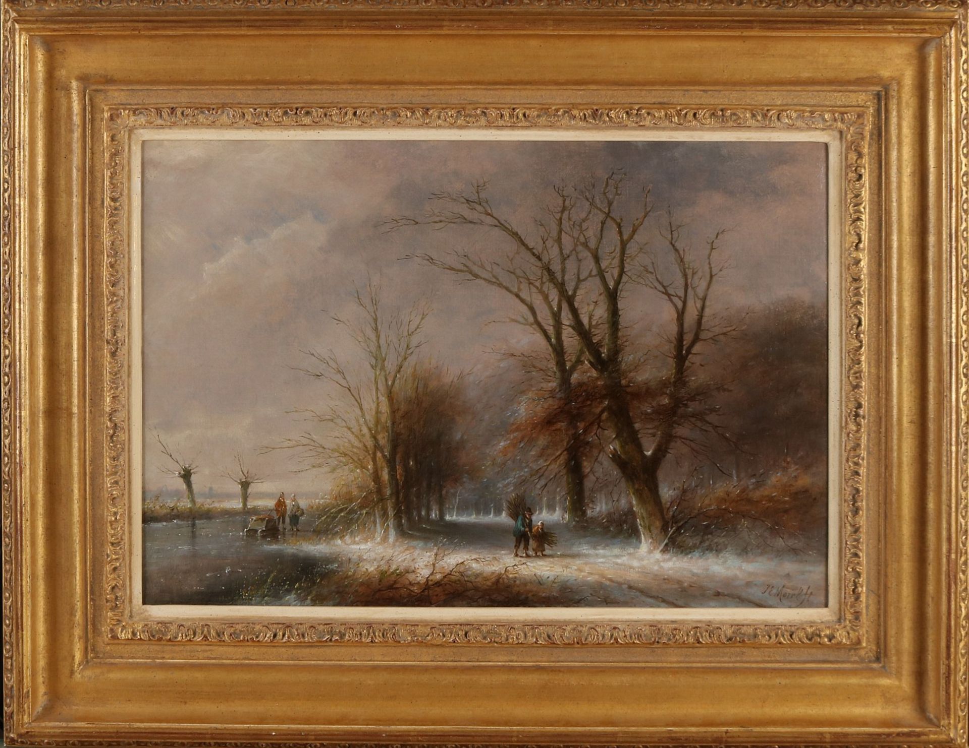 JE Morel Fécit, 1835-1905. Eine niederländische Winterszene mit Nachlese und Figuren auf dem Eis