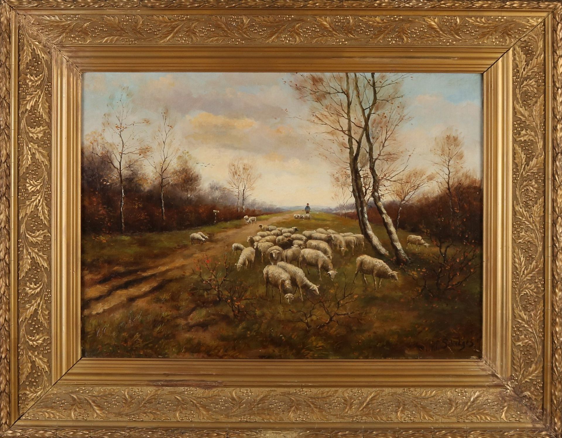 Zu PP Schiedges. Landschaft mit Schafen und Hirten. Öl auf Leinen. Abmessungen: H 48 x B 65 cm.