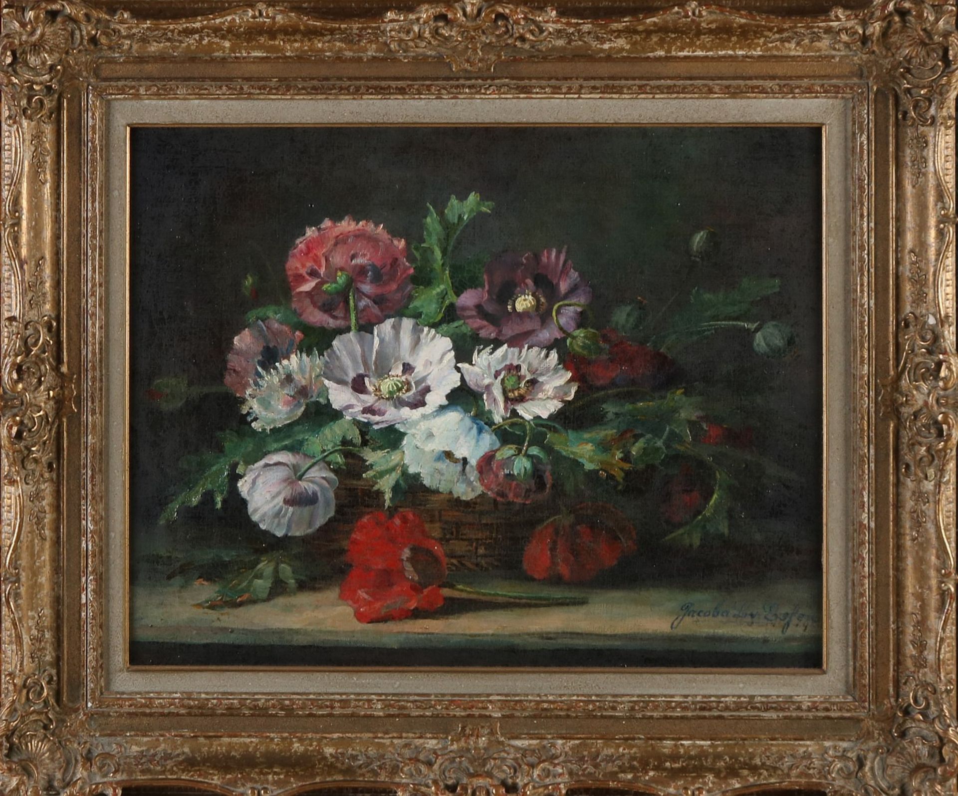 Signiert Jacoba L. v. Eefen. Um 1900. Stillleben, Korb mit Blumen. Öl auf Leinen. Eingebettet.
