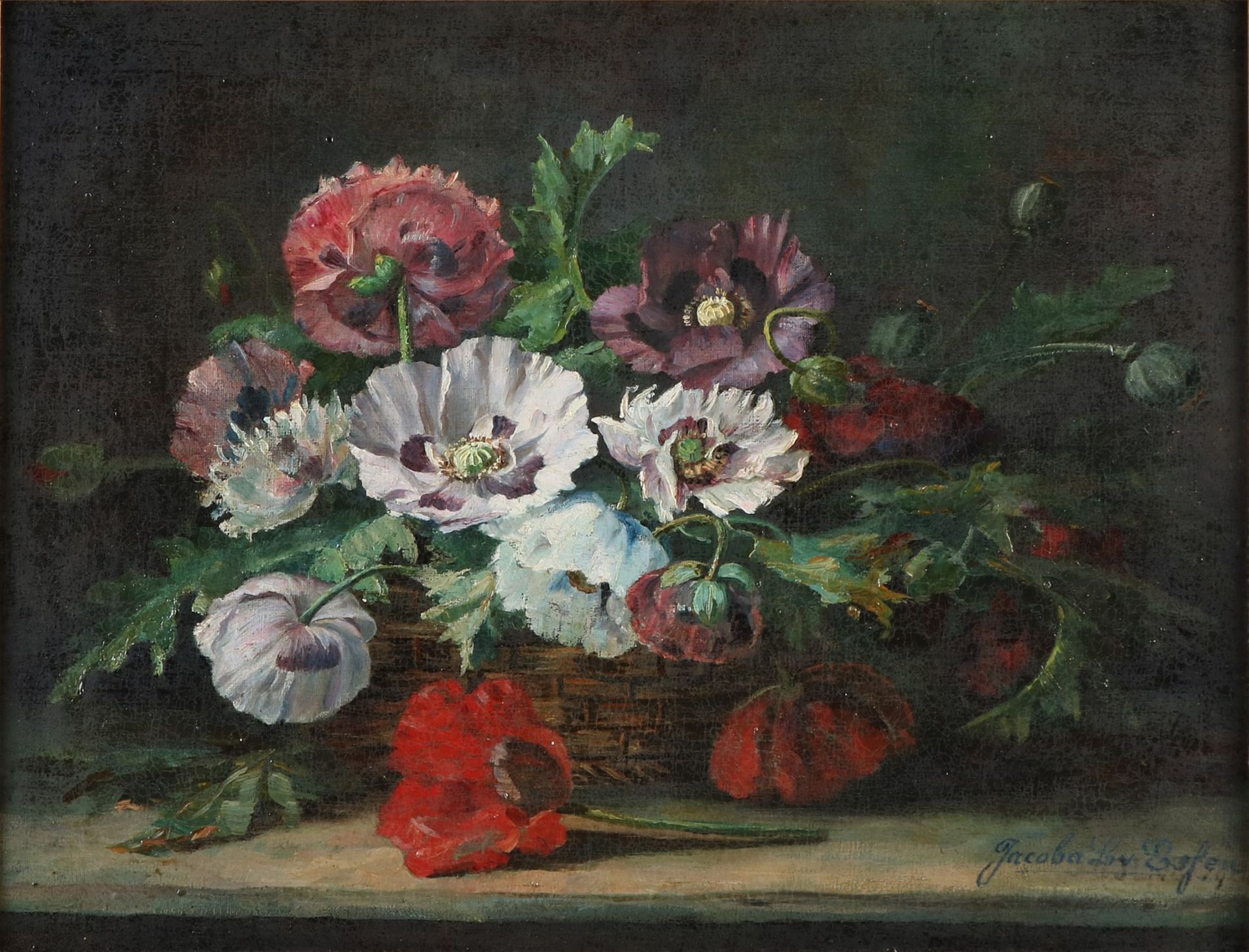 Signiert Jacoba L. v. Eefen. Um 1900. Stillleben, Korb mit Blumen. Öl auf Leinen. Eingebettet. - Image 2 of 2