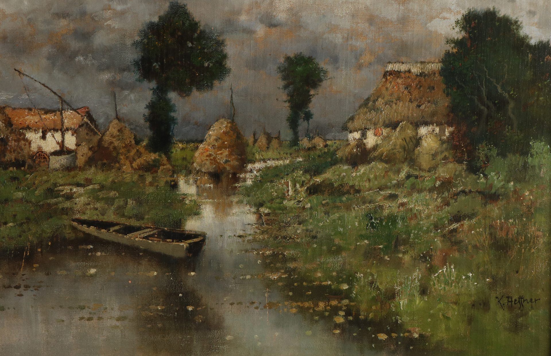 Karl Heffner. 1849 - 1925. Landschaft mit Bauernhof und Graben. Öl auf Leinen. Abmessungen: H 7 - Image 3 of 5