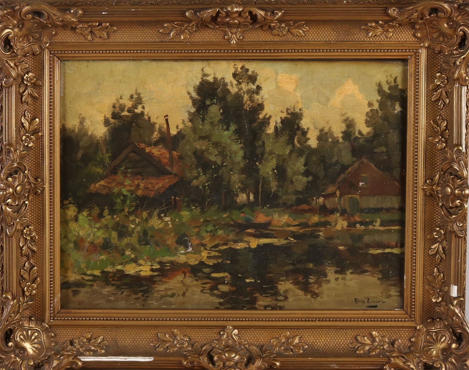 AJ Black. 1903 - 1981. Bauernhaus am Wasser. Öl auf Leinen. Abmessungen: H 30 x B 40 cm. In gu