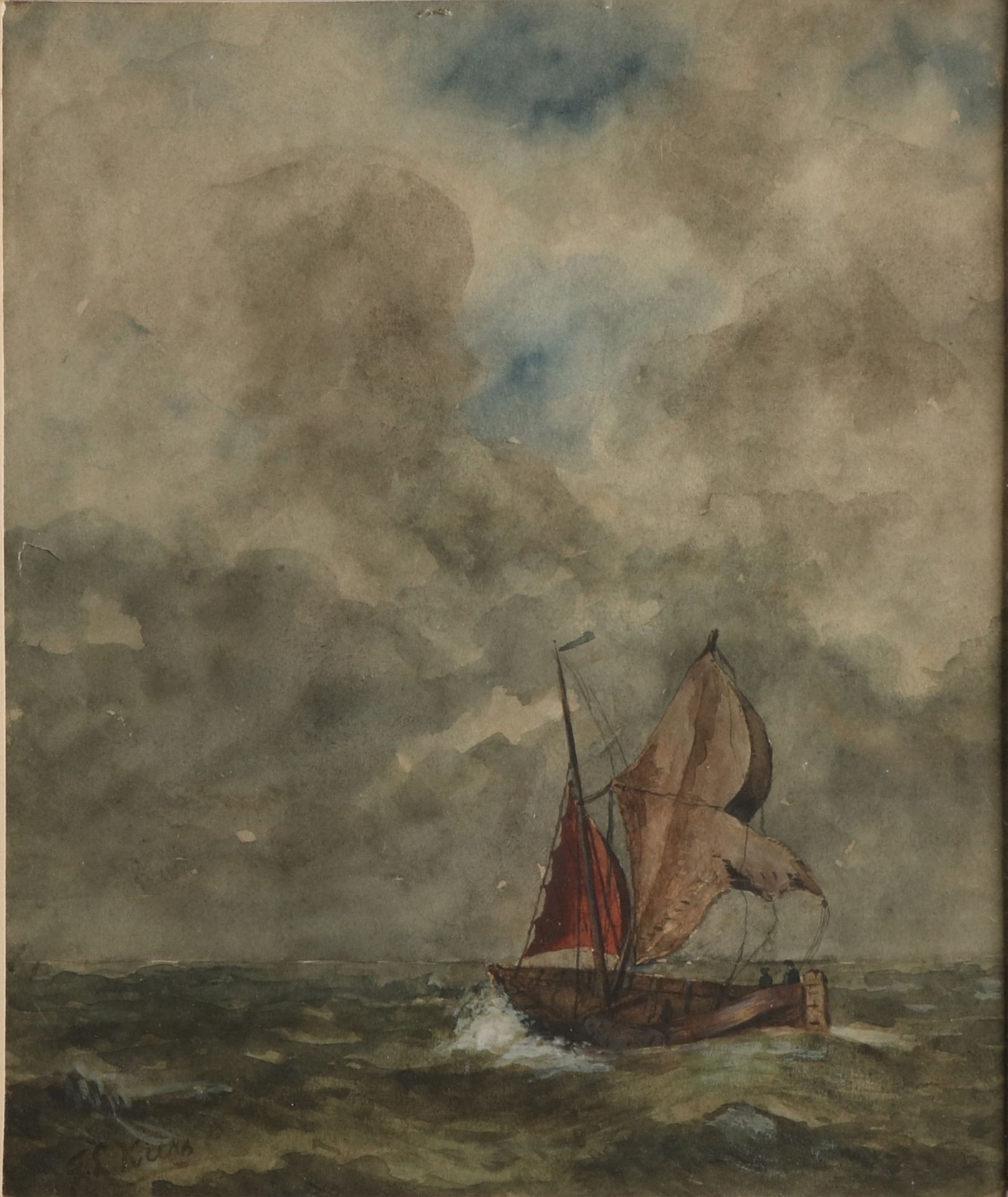 GL Kiers. 1838 - 1916. Fischerboot mit Figuren auf hoher See. Aquarell auf Papier. Abmessungen:
