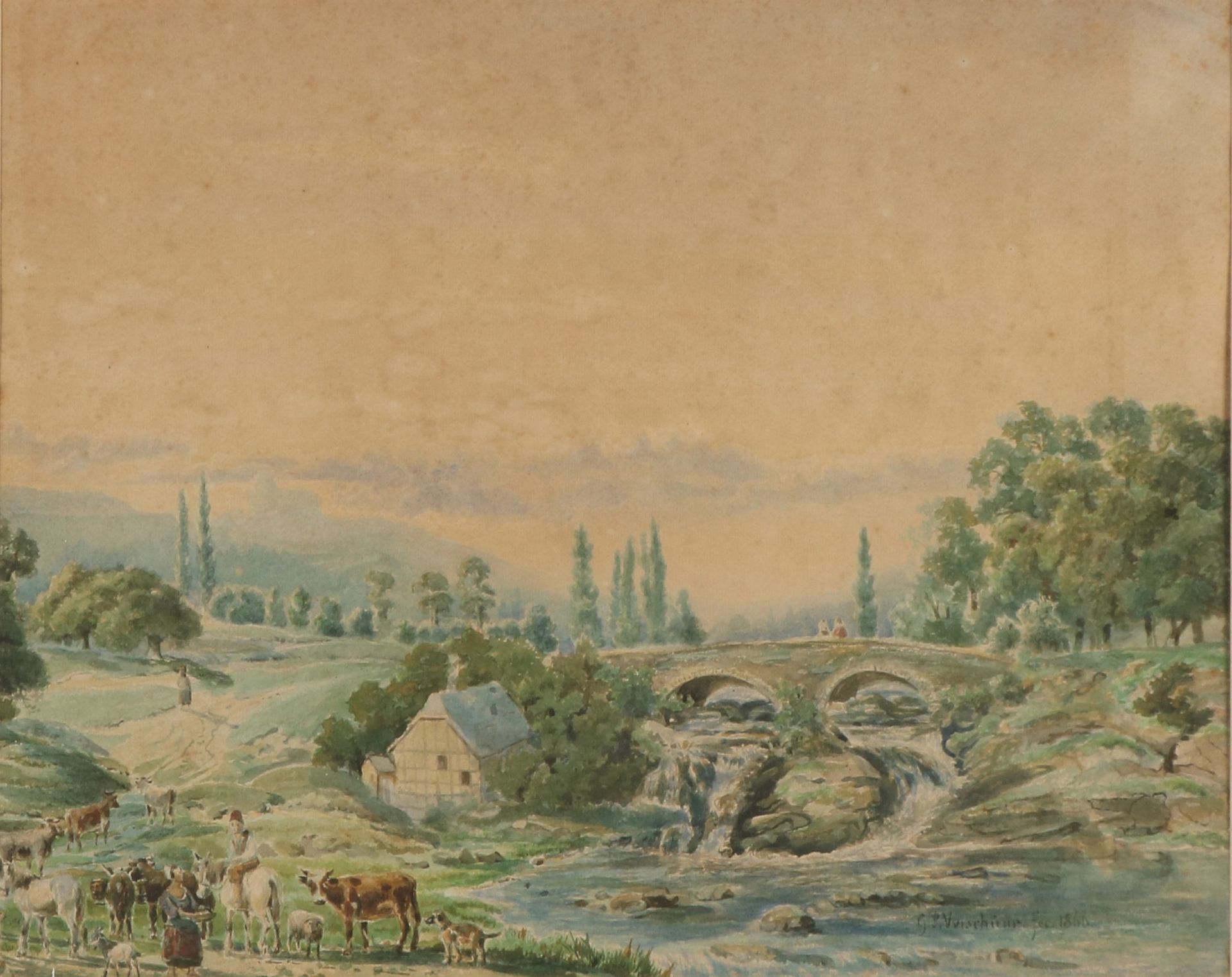 JP Verschuur, 1866. 1830 - 1891. Deutsche Landschaft mit Fluss, Vieh und Hirten. Aquarell auf Papi - Image 2 of 2