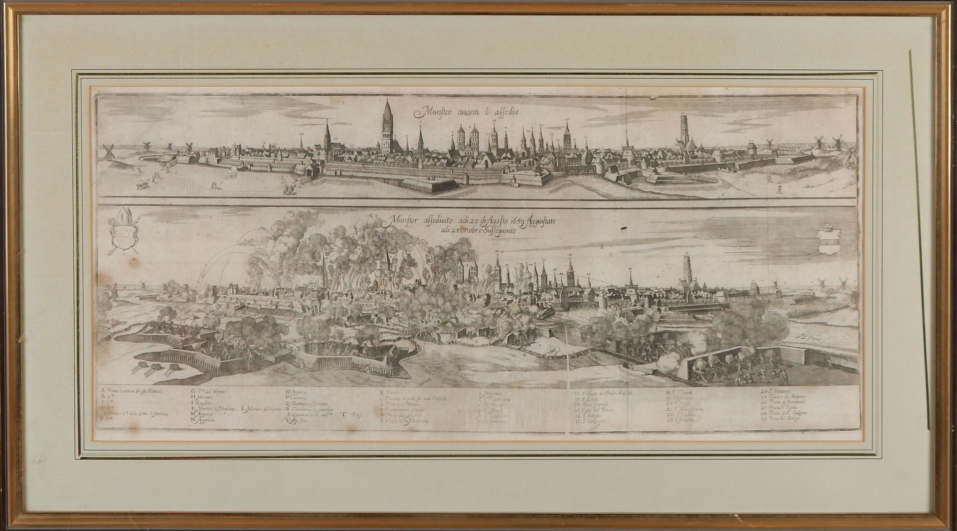 Große Gravur aus dem 17. - 18. Jahrhundert. Belagerung von Münster 1659. Einige feuchte Stellen.