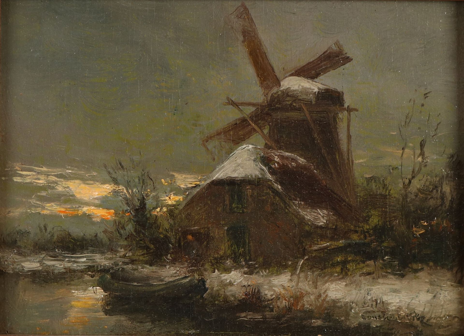 Konstante Artz. 1870 - 1951. Die Haager Schule. Winterszene mit Windmühle und Boot. Ölfarbe au - Bild 2 aus 2