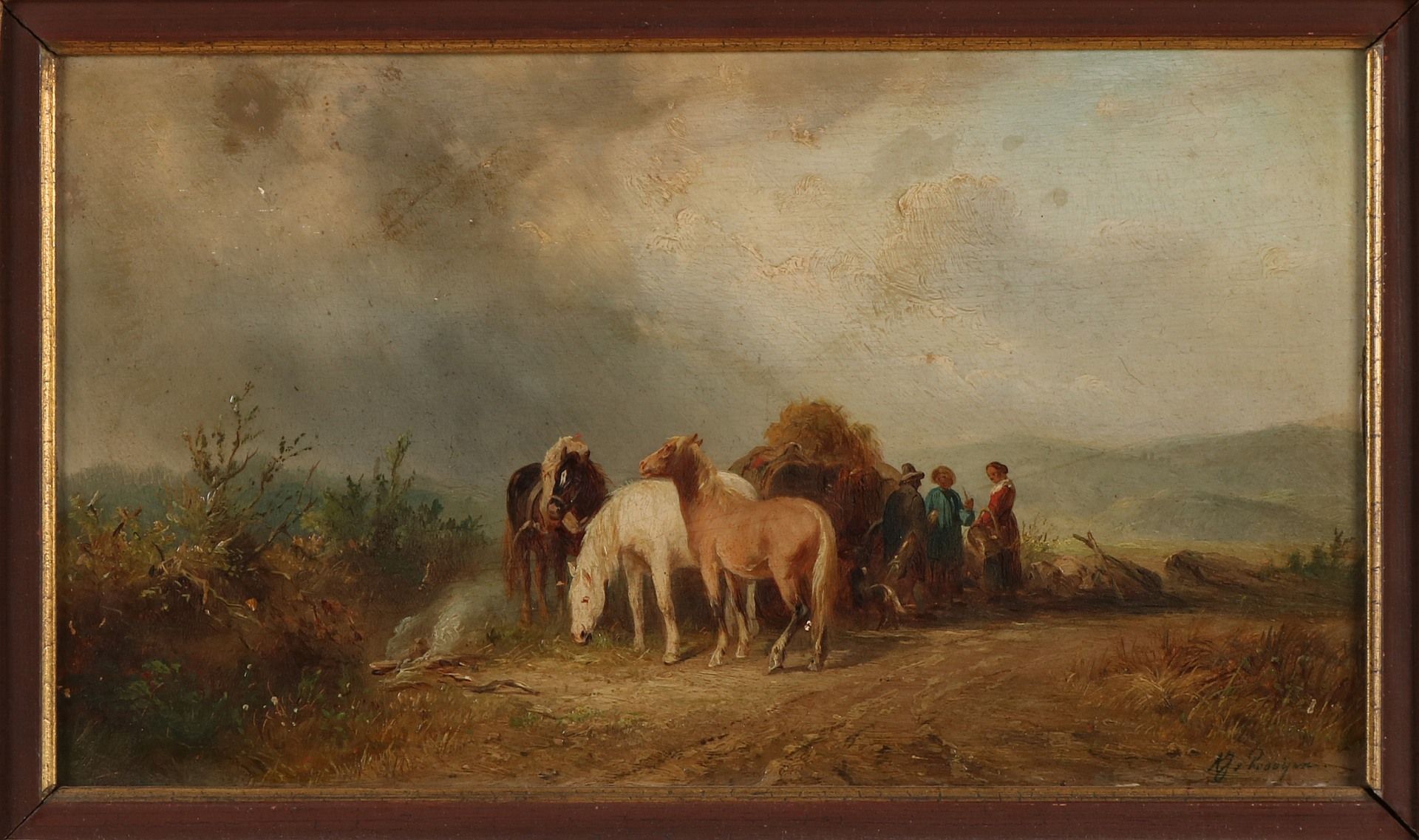 AJ van Prooijen. 1834 - 1898. Landschaft mit Pferden, Heuwagen und Bauern. Ölfarbe auf Holz. Ab - Image 2 of 2