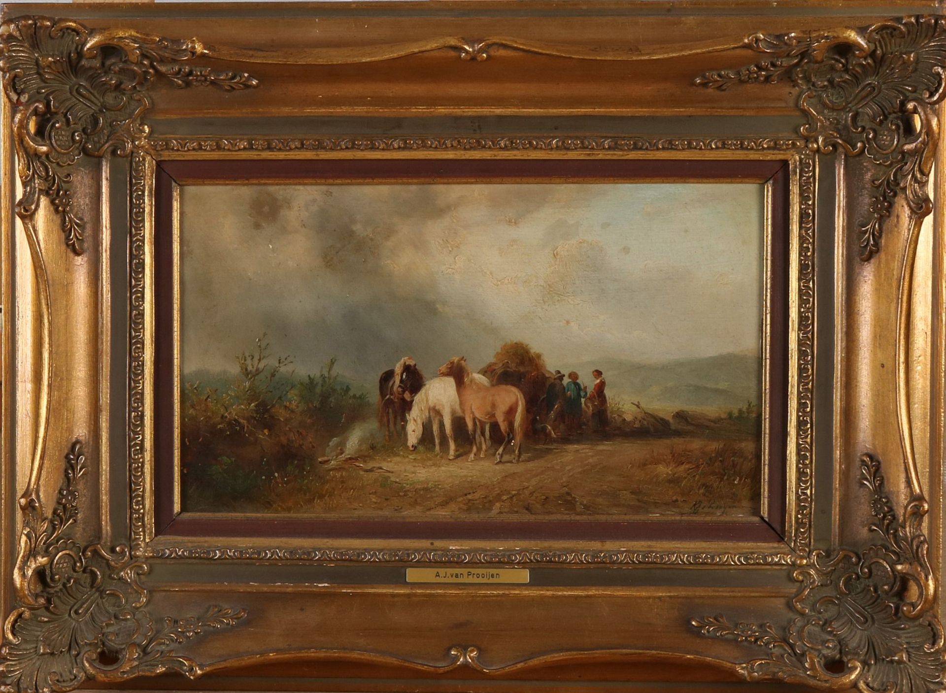 AJ van Prooijen. 1834 - 1898. Landschaft mit Pferden, Heuwagen und Bauern. Ölfarbe auf Holz. Ab