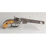 Antike gravierte Doppelrohrpistole mit Bruchlauf. Belgien Lüttich 1848. Ein Seitenkolben nicht or