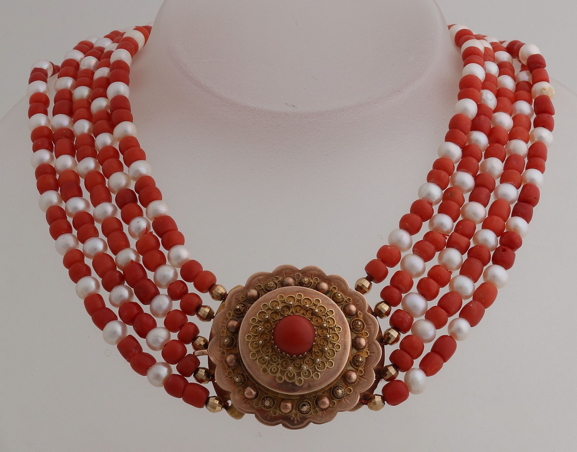 Necklace made of Red Coral and pearl with zone lock