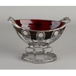 Silver sugar bowl with red glass