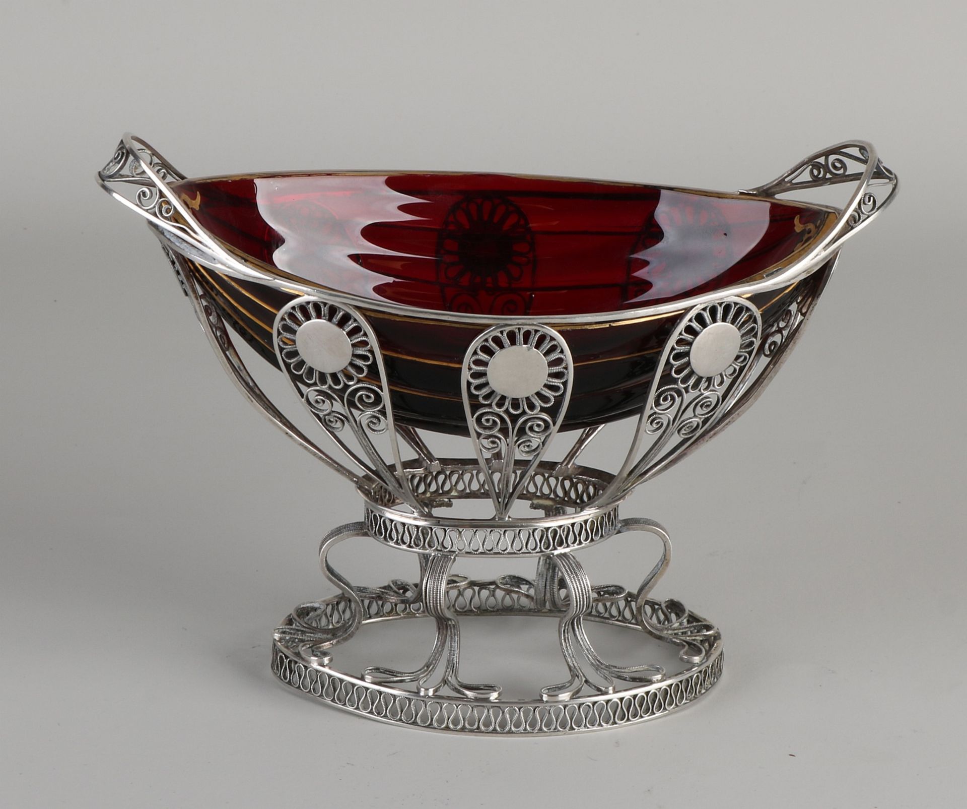 Silver sugar bowl with red glass