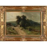 PA Schipperus, Landscape with country road, ox-harness and figures