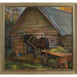 A. Sokolov, Horse cart near log cabin