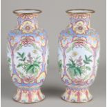 2 Enamel vases on a brass base