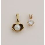 2 Gold pendants with pearl and cubic zirconia