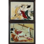 Two old Japanese behind-glass paintings, Erotic