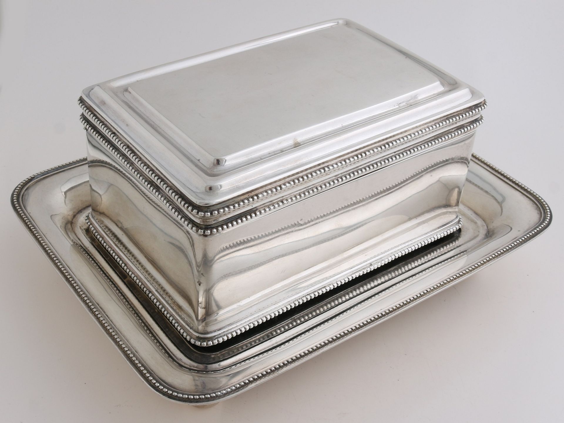 Silver biscuit tin, with saucer, 1871