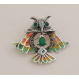 Silver brooch with enamel owl