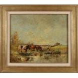 P. van Dinteren, Landscape with farmer and cows near watering place