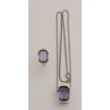 Silver necklace, pendant and ring with purple stone